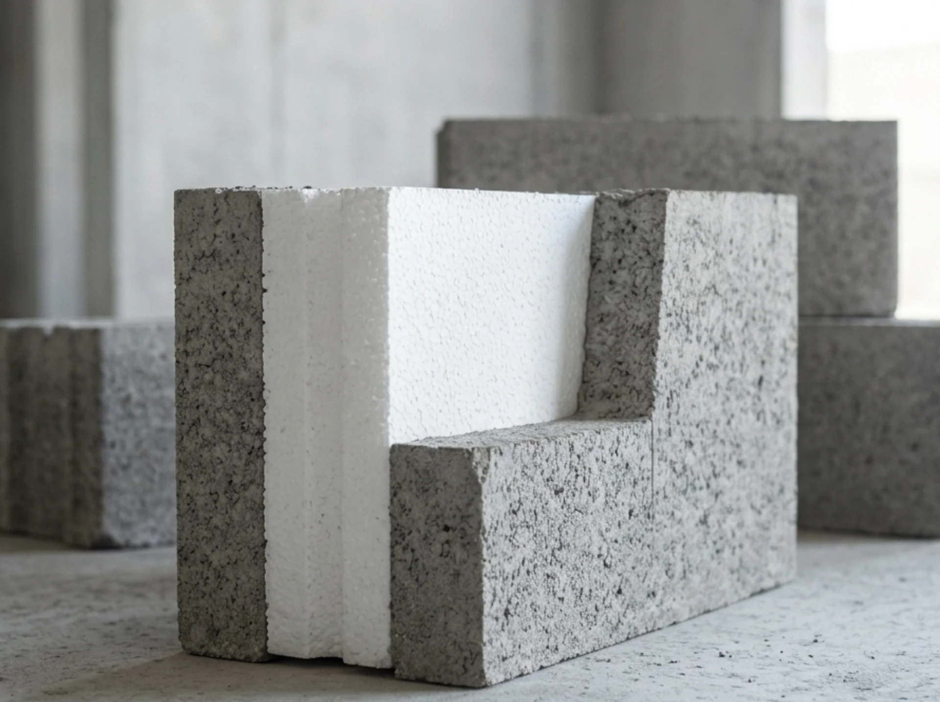 polystyrene core locked into concrete thermal block